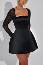 Black satin Casual Meeting Dress featuring elegant beaded sleeves for chic fashion style