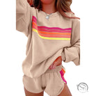 Beige loose slim fit casual two-piece sweatsuit with retro pink, orange, yellow stripes
