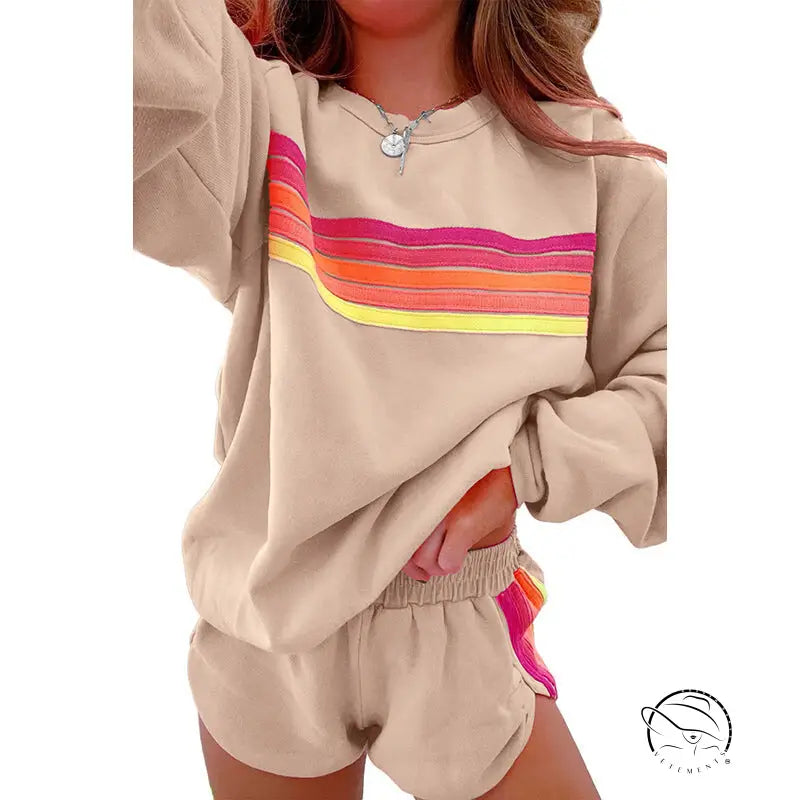 Beige loose slim fit casual two-piece sweatsuit with retro pink, orange, yellow stripes