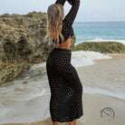 Black crochet beach coverup with polka dots in casual vacation long skirt two piece set