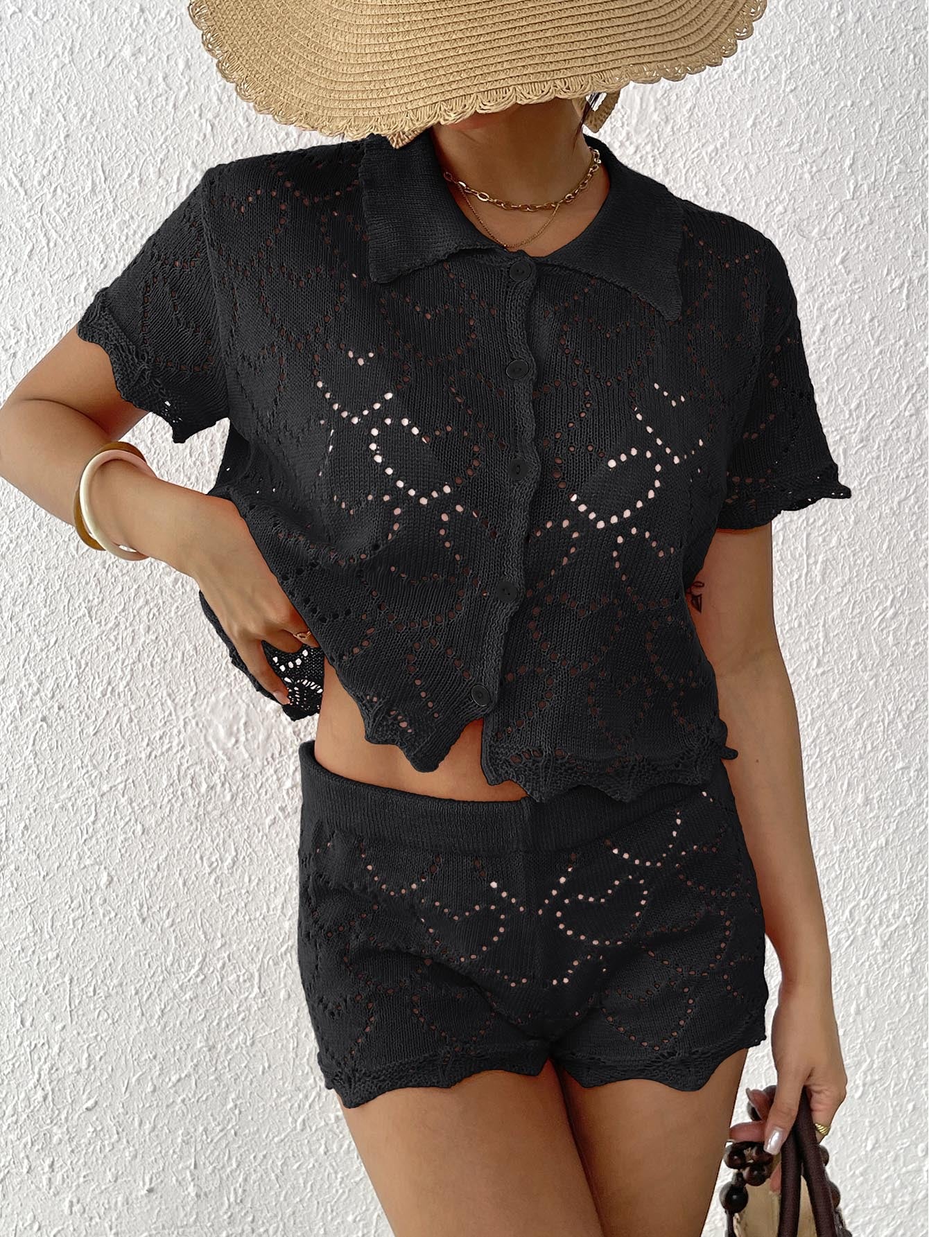 Black crochet knit shorts set from Beautiful Beach Sets, perfect for chic summer fashion