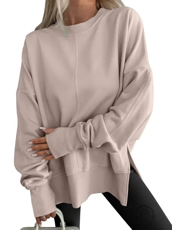 Beige oversized langry fashion sweatshirt, casual loose round neck pullover