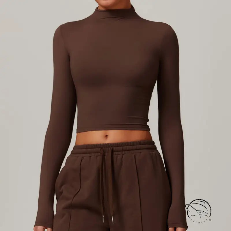 Brown long-sleeved quick drying fitness sports outerwear crop top