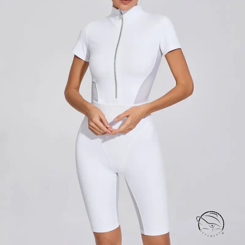 Tight Waist Open Collar Zipper Short Sleeve Yoga Jumpsuit Women Patchwork Fitness Sports