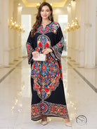 Elegant loose black floral kaftan dress with long sleeve length and v-neckline