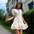 French v Neck Puff Sleeve Short Ruffled Dress