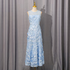 Langry fashion elegant fishtail hem mesh stitching dress in light blue with 3D floral appliques