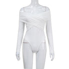 Langry white long-sleeved fashion bodysuit with crisscross high neckline