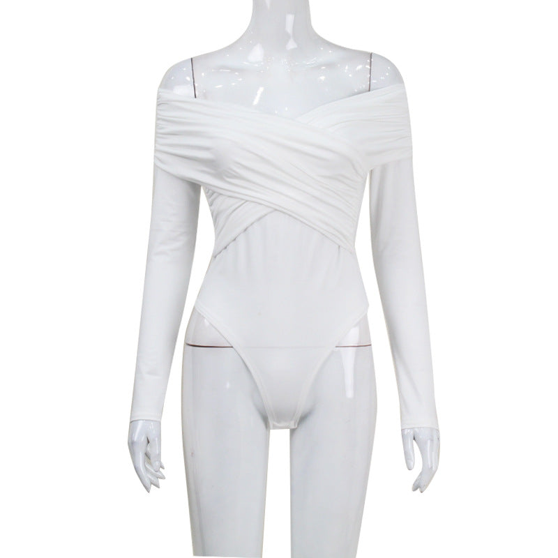 Langry white long-sleeved fashion bodysuit with crisscross high neckline