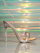 Langry fashion crystal heel rhinestone cross strap sandals with silver metallic band