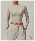 Beige quick drying fitness sports outerwear crop top with mock neckline