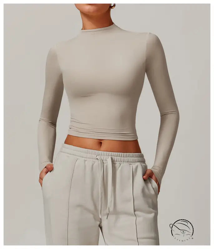 Beige quick drying fitness sports outerwear crop top with mock neckline