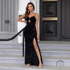Elegant V-neck langry fashion black gown with spaghetti straps, cutout, slit