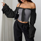 Langry fall slim fit black off-shoulder crop top with ruffles