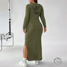 Olive green hooded winter sheath maxi dress