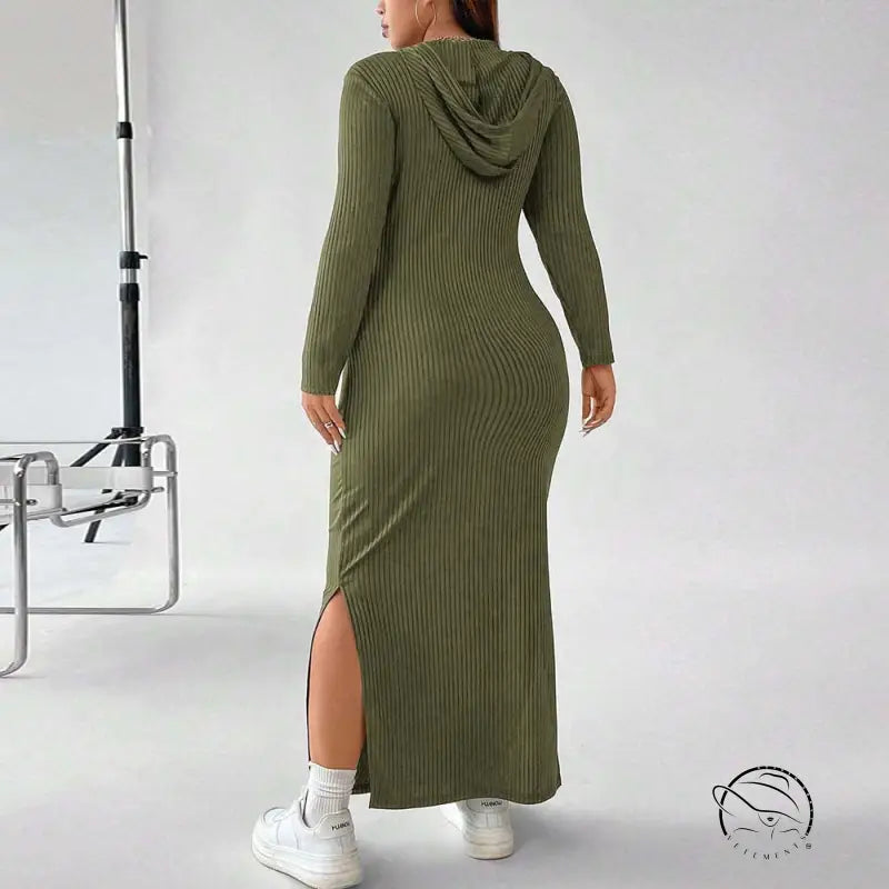 Olive green hooded winter sheath maxi dress