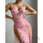 Pink valentine day dress with pink floral print and high slits