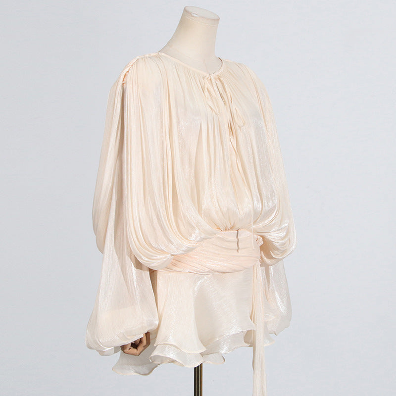 Creamy flowing blouse with tie waist in Gorgeous Design Short Mesh Dress for trendy fashion ملابس
