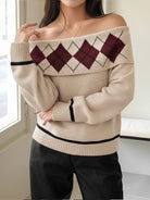 Elegant beige argyle off-shoulder langry fashion sweater with black maroon accents