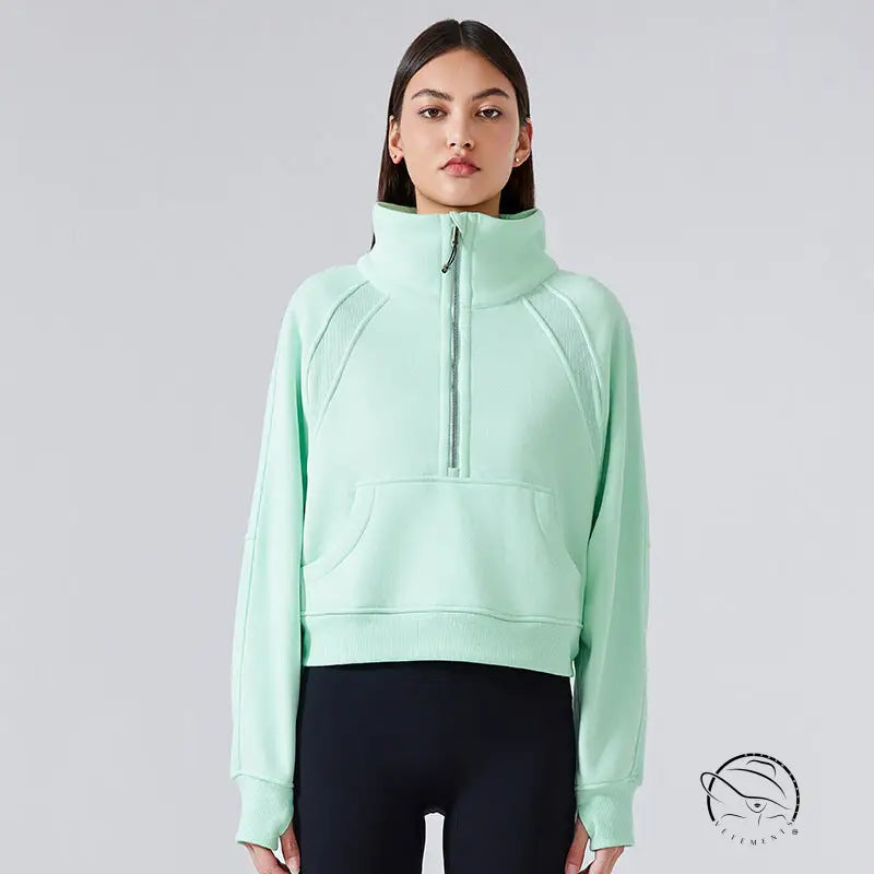 Mint green half-zip sweatshirt with high stand collar for women