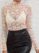 Slim fit beige lace Langry top with high neckline and bell sleeves