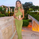 Elegant green one-shoulder langry fashion gown with slim fit long ribbon