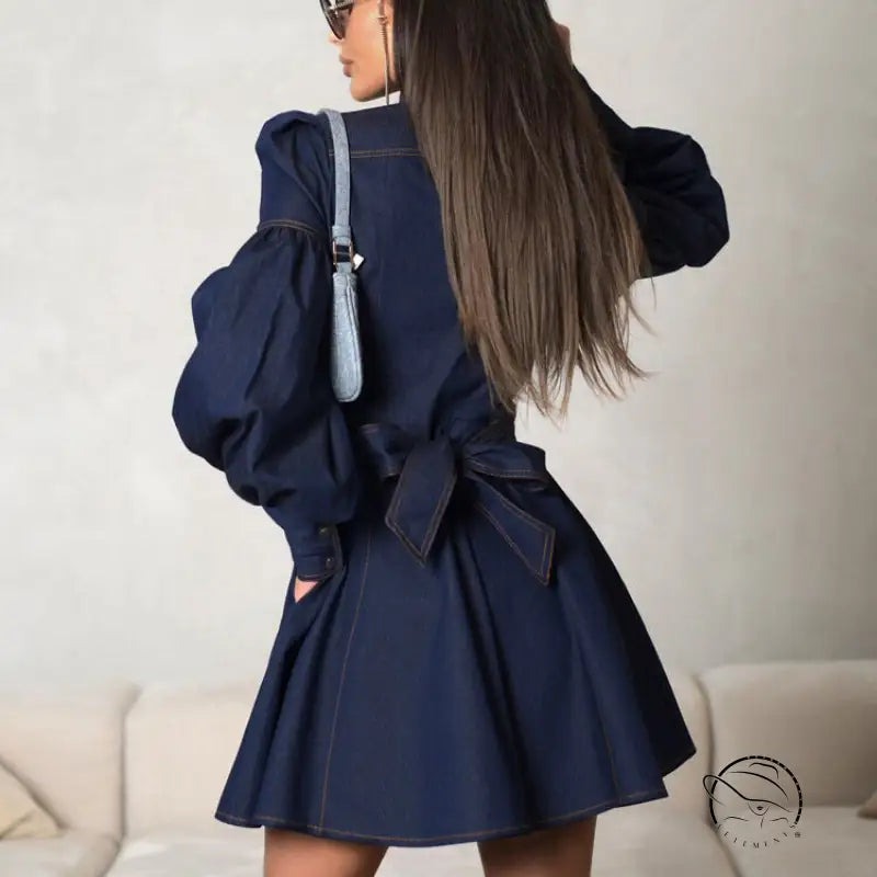 Dark blue denim shirt fashionable dress with voluminous sleeves