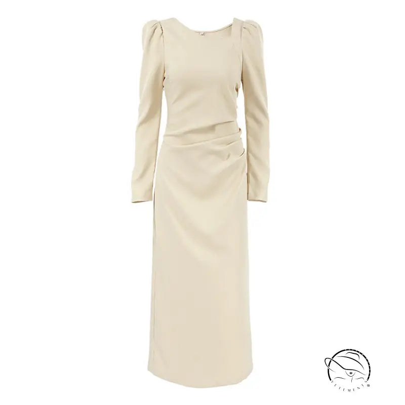 Elegant puff sleeve tight split beige long-sleeved midi dress