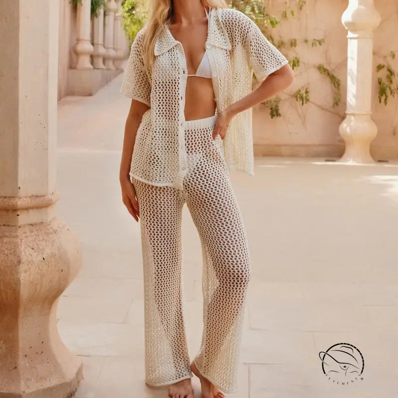 White crochet beach loose shirt and casual trousers set