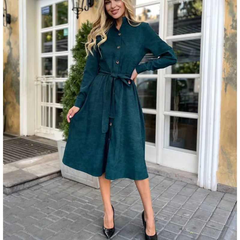 Emerald green corduroy dress showcasing an elegant daily dress for stylish daily wear