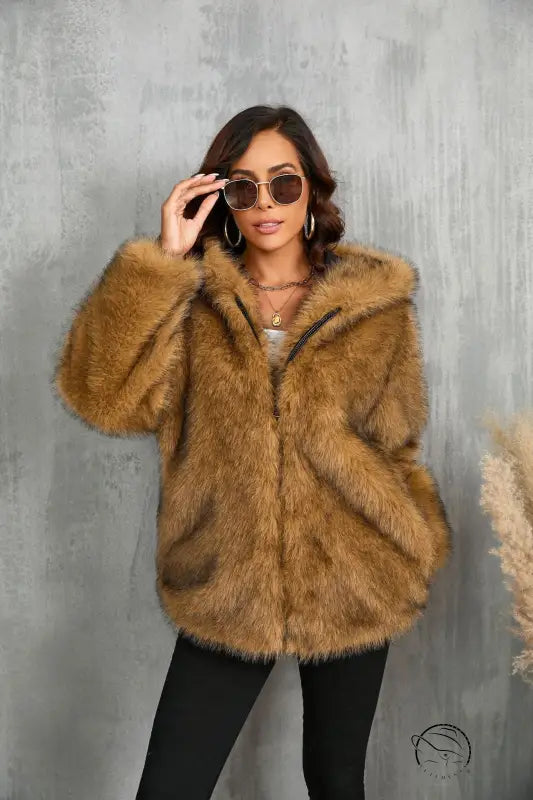 Oversized camel brown faux fur coat with hood by Langry fashion