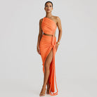 Orange one-shoulder dress featuring side cutout and rope detail for fashionable ملابس
