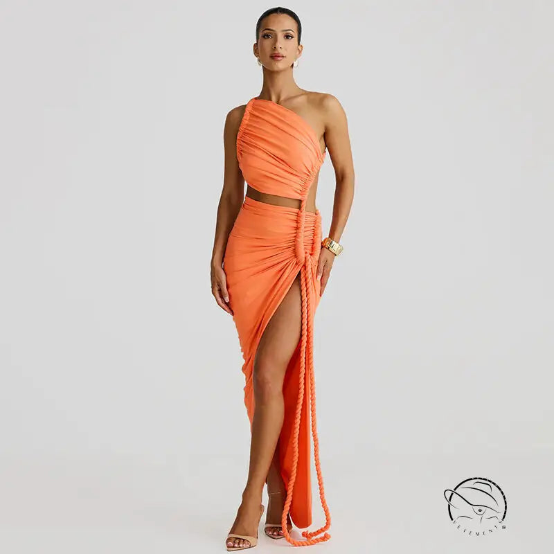 Stunning cutout lace pleated dress in orange with one-shoulder and rope detail