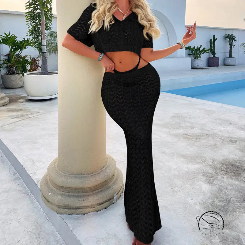 Black attractive shirt and maxi skirt set with cropped top and fitted floor-length skirt