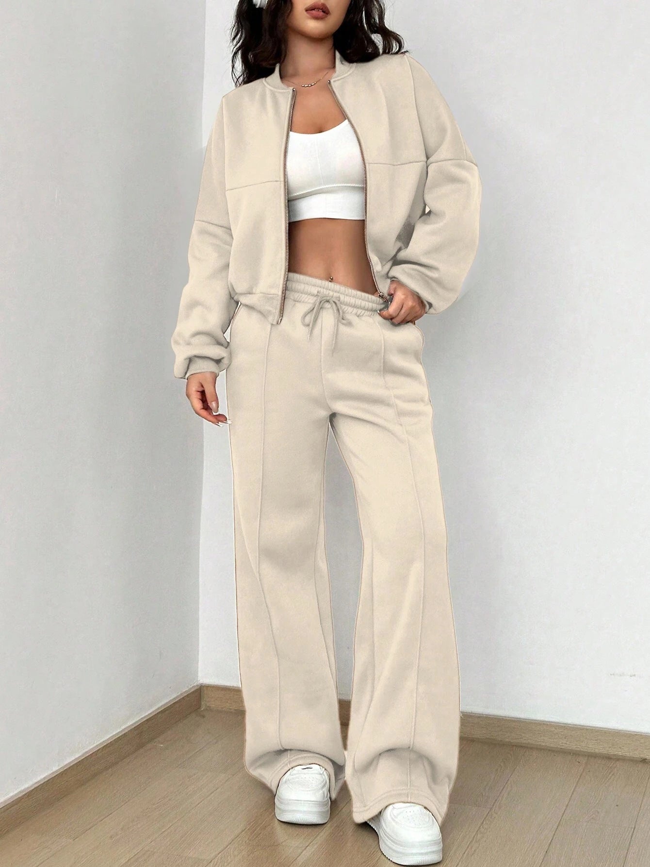 Beige lounge set from Trendy Cardigan Two Piece Set for stylish ملابس fashion