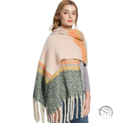 Warm wool scarf: knitted poncho in blush pink, orange, and muted green fringe