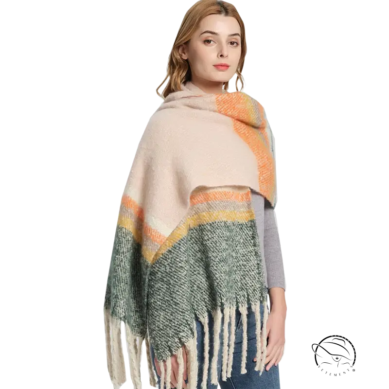 Warm wool scarf: knitted poncho in blush pink, orange, and muted green fringe