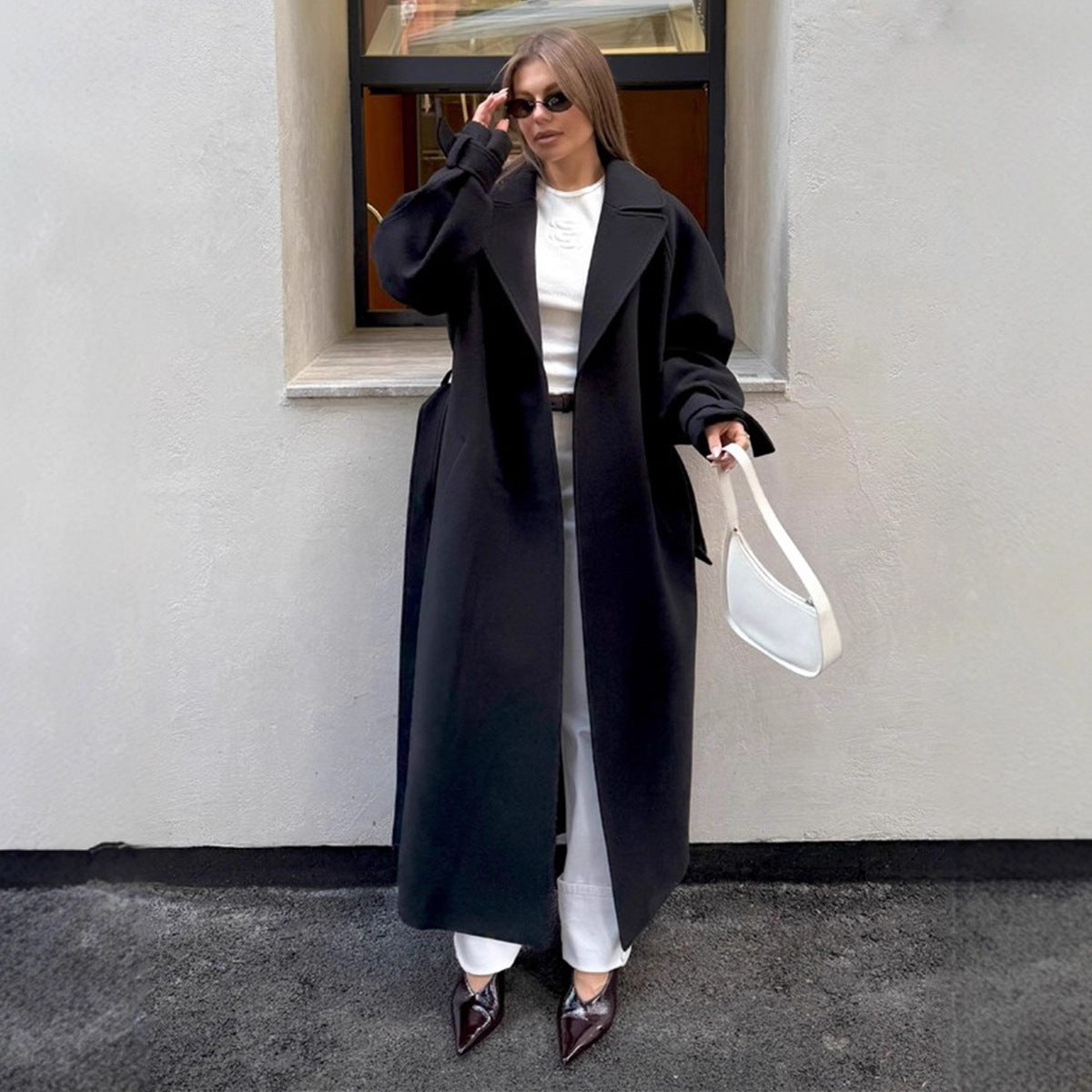 Langry fashion black oversized woolen coat with classic collar and wide sleeves