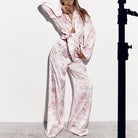Pink floral silk langry pajama set with robe and wide-leg pants
