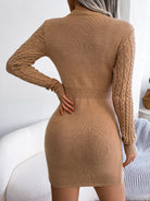 Elegant Twist Waist Hip Woolen Dress with tan knit fabric and cable knit sleeves for fashionable ملابس