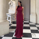 Sleeveless burgundy pleated maxi dress with high neckline in Langry fashion