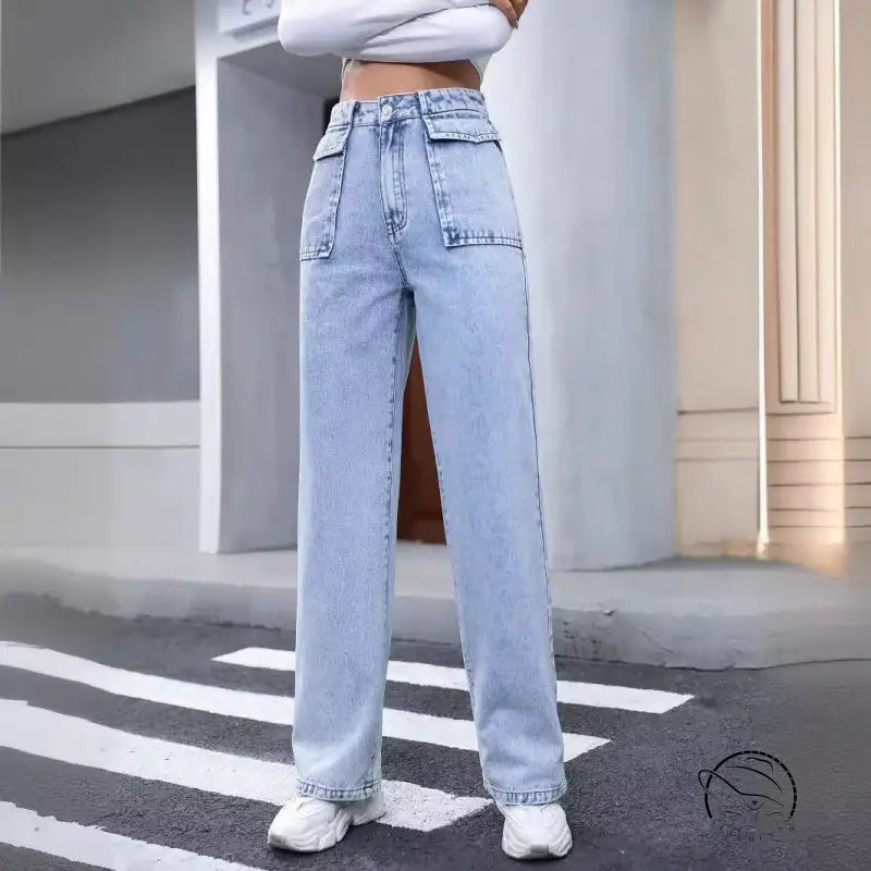 Light wash high-waisted wide-leg Langry denim trousers with flap pockets