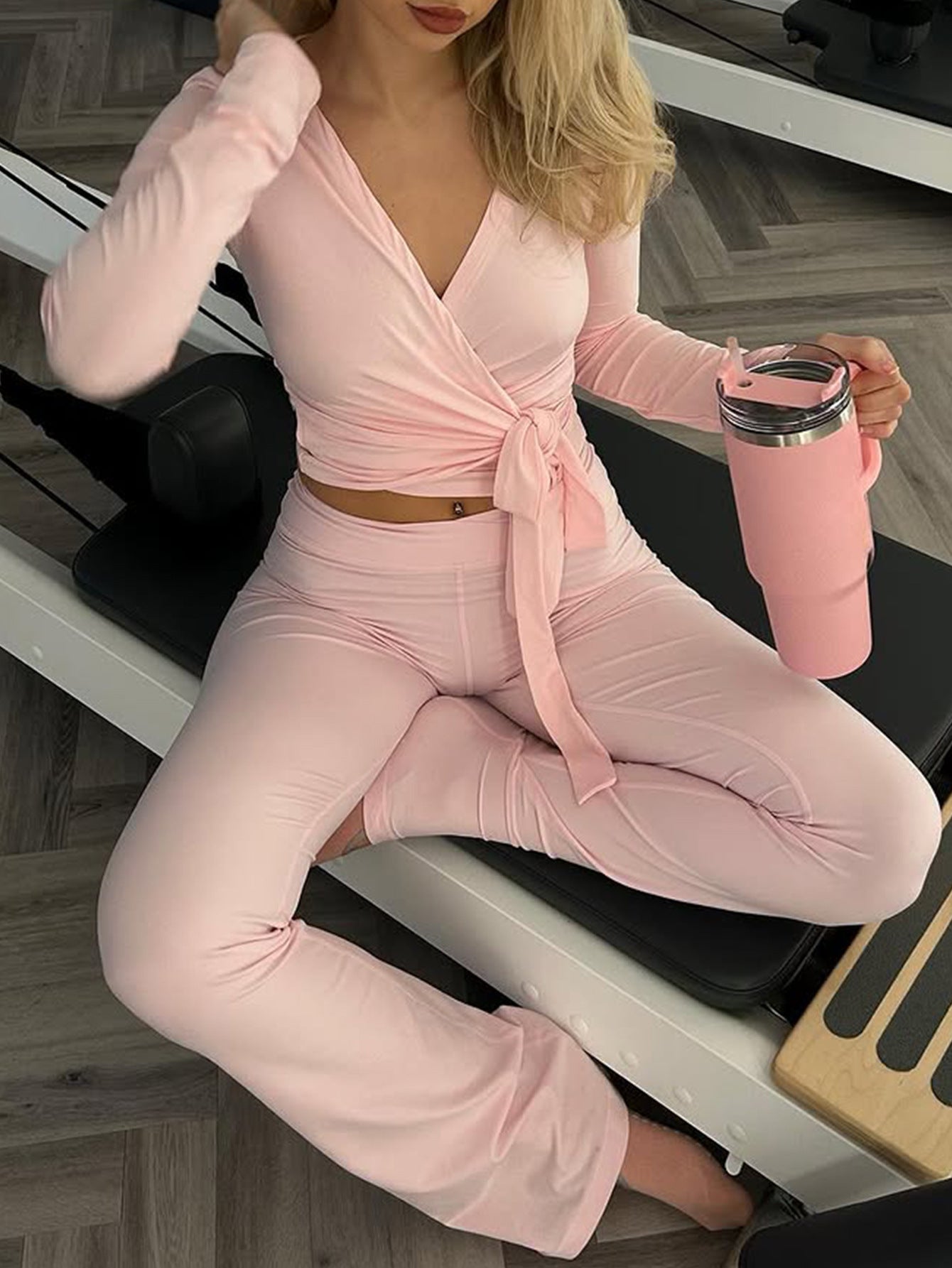 Pink langry fashion top with matching yoga pants set