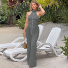 Langry fashion grey halter neck maxi dress with button details