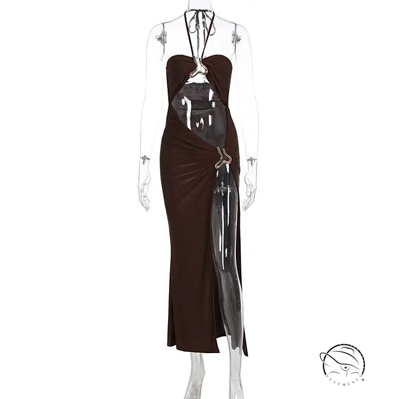 Elegant lace up cutout split dress in sleek dark brown with transparent panel