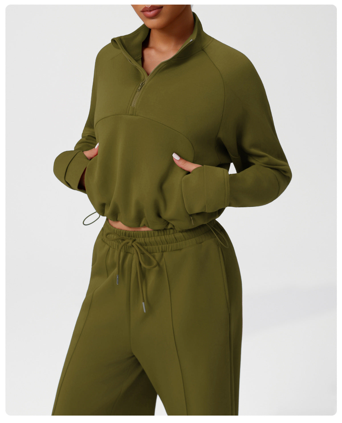 Langry fashion olive green fleece sweatshirt and pants set with drawstring waistband