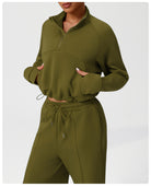 Langry fashion olive green fleece sweatshirt and pants set with drawstring waistband
