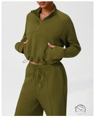 Langry olive green fleece sweatshirt and wide leg pants set, fashion ملابس