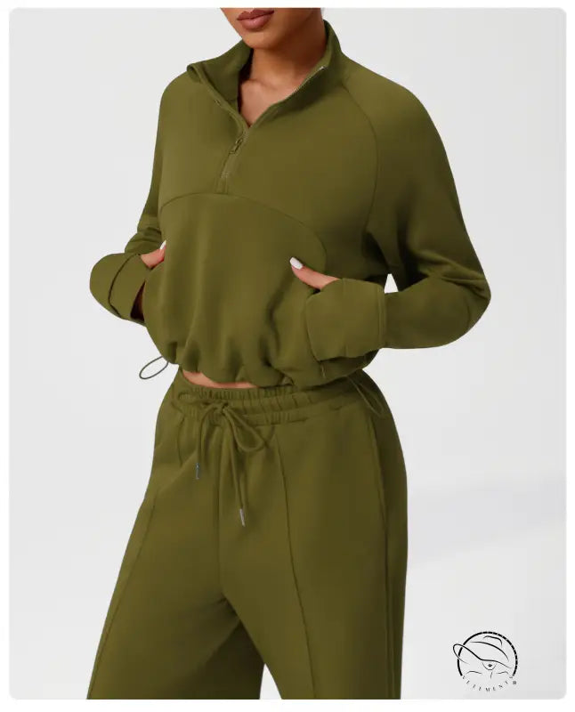 Langry olive green fleece sweatshirt and wide leg pants set, fashion ملابس