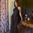 Langry French Slim Fit Crumpled Button Dress in Brown Halter Neck Fashion